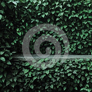 Syringa vulgaris common lilac plants green leaf hedge background, old aged dark gray weathered wooden bench niche, large detailed photo