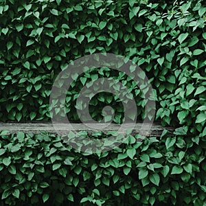 Syringa vulgaris common lilac plants green leaf hedge background, old aged dark gray weathered wooden bench niche, large detailed photo