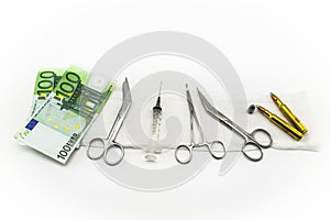 Syringe, ammunitions and money