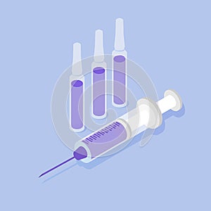 Syringe and ampoules isometric icon.