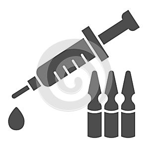 Syringe and ampoules solid icon. Covid-19 vaccine glyph style pictogram on white background. Antivirus injection for