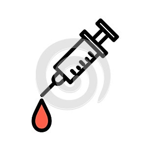 Syringe with a blood drop, minimal black and white outline icon. Flat vector illustration. Isolated on white.