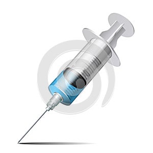 Syringe with blue liquid. Syringe with needle for medical drug injection, vaccine for care and treatment.