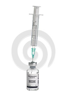 Syringe with bottle of coronavirus covid-19 vaccine in glass bottle for injection isolated on white background