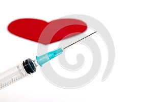 Syringe close up with red heart on white background