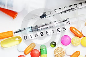 Syringe and colorful pills for diabetes, metabolic disease treatment