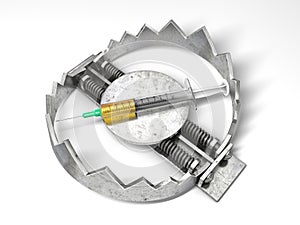 Syringe with drug in the bear metal trap. 3D concept.