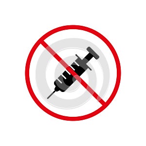 Syringe Drug Black Silhouette Ban Icon. Narcotic Inject Forbidden Pictogram. Anti Vax Against Vaccination Red Stop photo