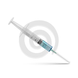 Syringe with drug. Realistic syringe with vaccine injection. Laboratory research. Vector