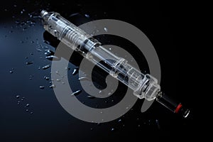 A syringe filled with drops of water resting on a sleek black surface, Single use syringe, Plastic insulin syringe, Needle for