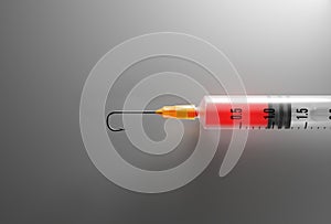 Syringe with a fishing hook for a needle. Addiction, substance abuse, healthcare scam concept. Digital 3D rendering.