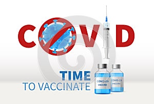 Syringe global vaccination. Realistic 3d glass medicine bottles, syringe with vaccine injection, stop covid-19 pandemic