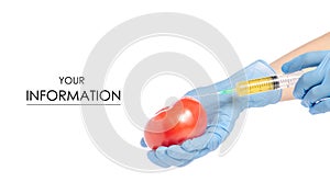 Syringe in the hands of tomato pattern