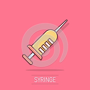 Syringe icon in comic style. Inject needle cartoon vector illustration on white isolated background. Drug dose splash effect