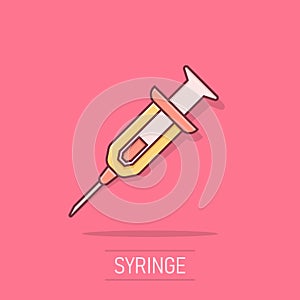 Syringe icon in comic style. Inject needle cartoon vector illustration on white isolated background. Drug dose splash effect