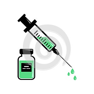 Syringe for injection with green vaccine, vials of medicine. Vector