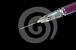 Syringe, injection needle on black background