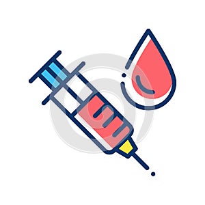 Syringe for injection vaccine with red blood color line icon. Medical examination concept. Pictogram for web, mobile app, promo