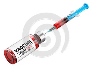 Syringe inside vaccine bottle. Vaccination against sars virus, coronavirus. Infection pneumonia prevention