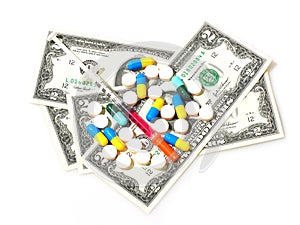 Syringe and many pills on dollar bill isolated on white backgrou