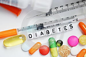 Syringe and medical drugs for diabetes, metabolic disease treatment
