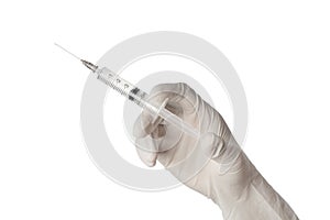 Syringe, medical injection in hand, Medicine plastic vaccination equipment with needle isolated on white background