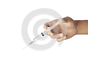 Syringe, medical injection in hand, Medicine plastic vaccination equipment with needle isolated on white background