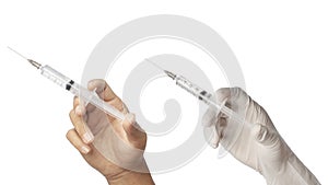 Syringe, medical injection in hand, Medicine plastic vaccination equipment with needle isolated on white background