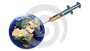 Syringe with medication drug and Earth planet isolated on a white background. Vaccine injection to cure world pandemic outbreak