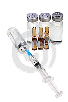 Syringe, medicine bottles and ampules