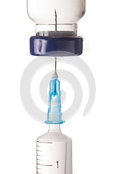 Syringe, needle and medicine vial.
