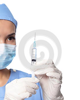 Syringe needle with surgery woman doctor