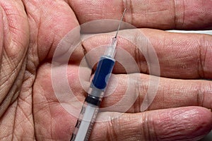 Syringe in the palm of the hand