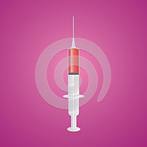 Syringe with red blood inside and violet background