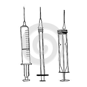 Syringe sketch doodle style vector illustration. Inoculate and cure diseases