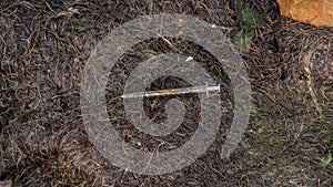 syringe used by an addict and thrown in the middle of the pond