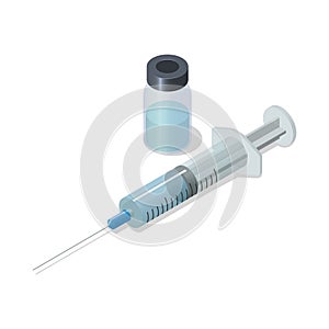 Syringe with vaccine bottle isolated on white background. Isometric vector illustration.