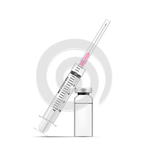 Syringe with vaccine bottle realistic vector illustration. Coronavirus treatment, botox, fillers