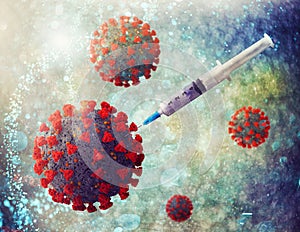 Syringe with vaccine for coronavirus covid 19. concept of cure from virus