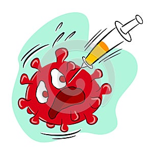 Syringe with vaccine destroying virus COVID-19 molecules photo