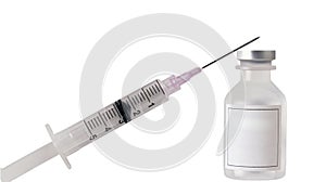 Syringe with vaccine vial on white background