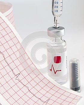 Syringe and vial on electrocardiograph.