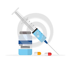 Syringe with vial for injection. Bottle with vaccine. Antibiotic in plastic vial for inject. Needle of syringe for shot of drug.