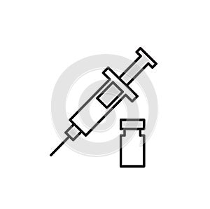 Syringe and vial medical symbol. Cartoon design icon. Flat vector illustration. Isolated on gray background.