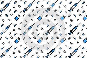 Syringe and vial, pills and vitamins pattern