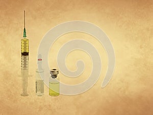 Syringe, vial and serum, injectable treatment on old paper background