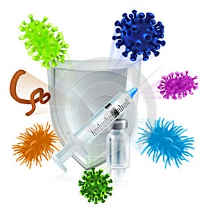 Syringe and Vial Vaccine Shield Protection Concept photo