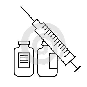 Syringe and vials icon illustration. Flu shot. Vaccination. Virus, infection prevention. Vaccine. Medications,  drugs. Contour sym