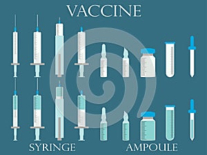 Syringe and vials. Syringe and ampules. Vaccine.