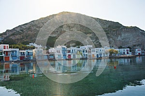 Syrmata colorful fishermans houses at Milos island in Greece